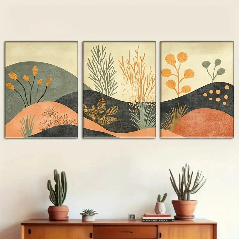 3pcs Earthy Plant Scene with Stone & Water Metal Print Ready to Hang Art - Bella Home Decor