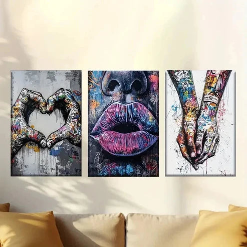 3pcs City Street Graffiti Hand in Hand Wall Art Canvas Unframed - High Quality Print 100% Australian Made Wall Canvas - Bella Home Decor