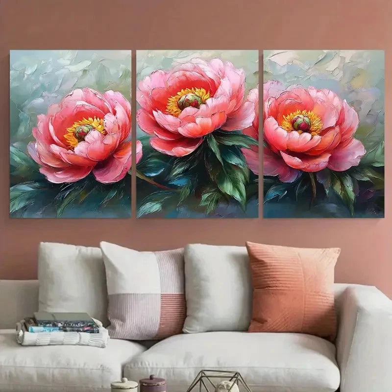 3pcs Peonies Impasto Flowers Décor Perfect Wall Art Set Canvas Framed 60x90cm - High Quality Print 100% Australian Made Wall Canvas Ready to Hang