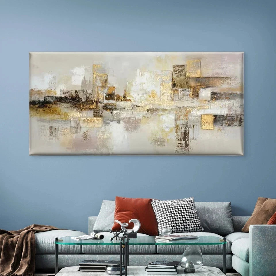 Abstract City Golden & Neutral Wall Art Canvas Office Home Room Framed 120x60cm