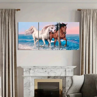 3pcs Seaside Scene with White and Brown Horses Wall Art Canvas Unframed - High Quality Print 100% Australian Made Wall Canvas