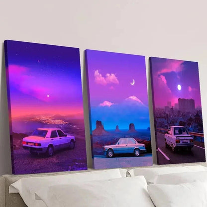 3pcs Classic Cars Moonlit Nights & Vibrant Skies Wall Art Set Canvas Framed 50x70cm - High Quality Print 100% Australian Made Wall Canvas Ready to Hang