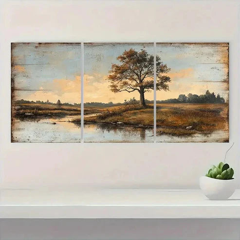 3pcs Countryside Scene with Trees and Water C Wall Art Set Canvas Unframed - High Quality Print 100% Australian Made Wall Canvas - Bella Home Decor