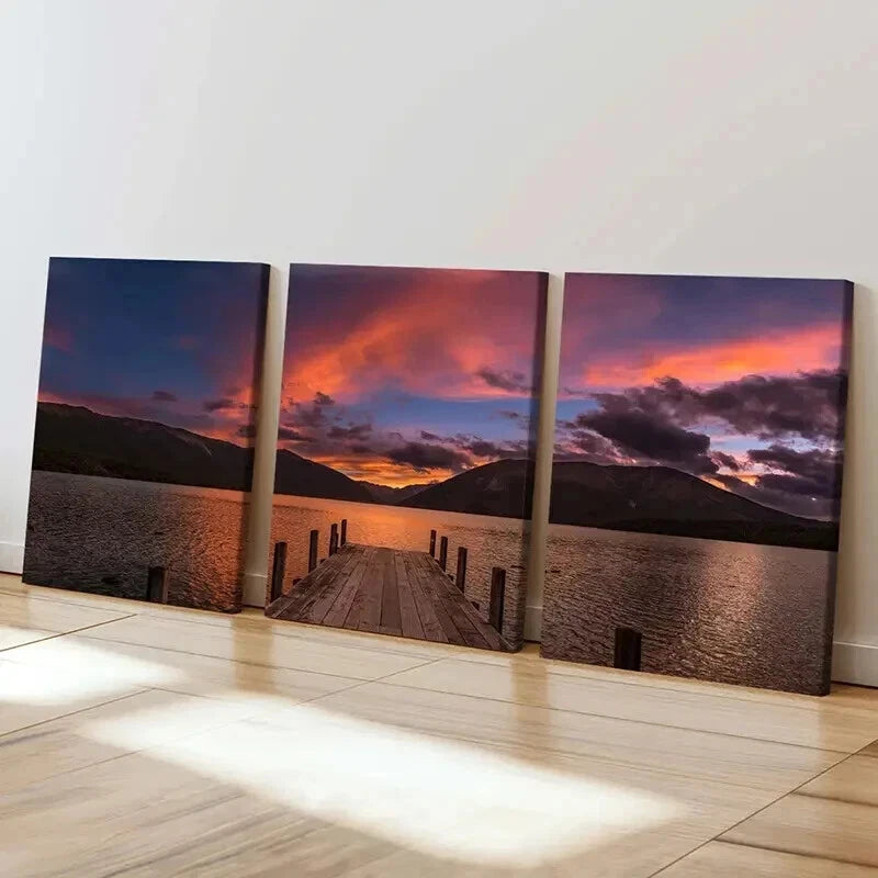 3pcs Lake Dusk Bridge Sunset Natural Landscape Wall Art Set Canvas Framed 40x60cm - High Quality Print 100% Australian Made Wall Canvas Ready to Hang