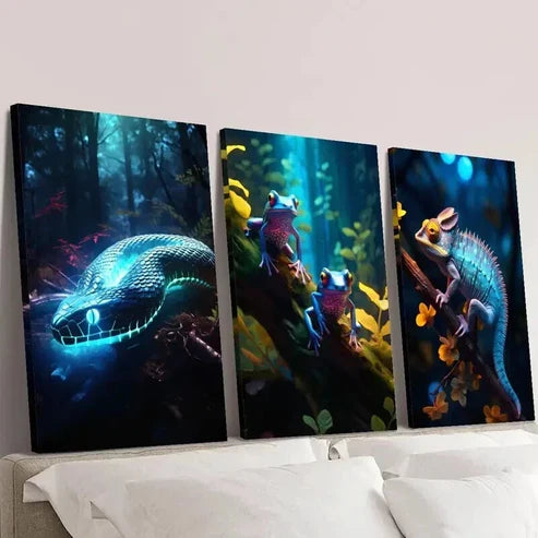 3pcs Blue Glowing Snake Frog & Chameleon Wall Art Canvas Unframed – High Quality Print 100% Australian Made Wall Canvas - Bella Home Decor