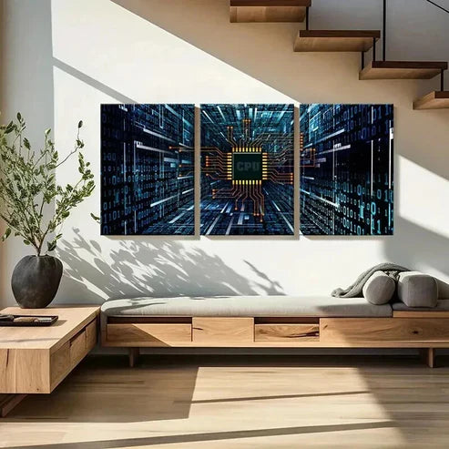 3pcs Technology with Chips CPU Internet Wall Art Canvas Unframed - High Quality Print 100% Australian Made Wall Canvas