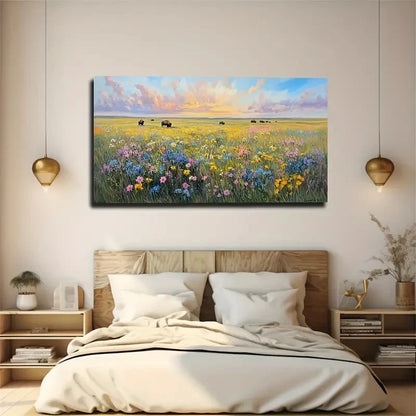 Vibrant Blue Sky & Wildflower Wall Art Canvas Office Home Room Framed 120x60cm