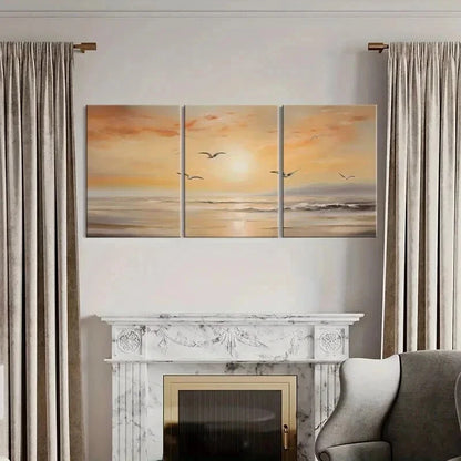 3pcs Sunset Scene & Seagulls Flying Over Ocean Wall Art Set Canvas Framed 40x60cm - High Quality Print 100% Australian Made Wall Canvas Ready to Hang