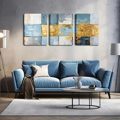 3pcs Painted Textured Panels in Blue & Golden Wall Art Set Canvas Unframed - High Quality Print 100% Australian Made Wall Canvas