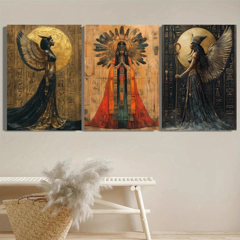 3pcs Egyptian Royal Figures with Ornate Symbols Metal Print Ready to Hang Art - Bella Home Decor