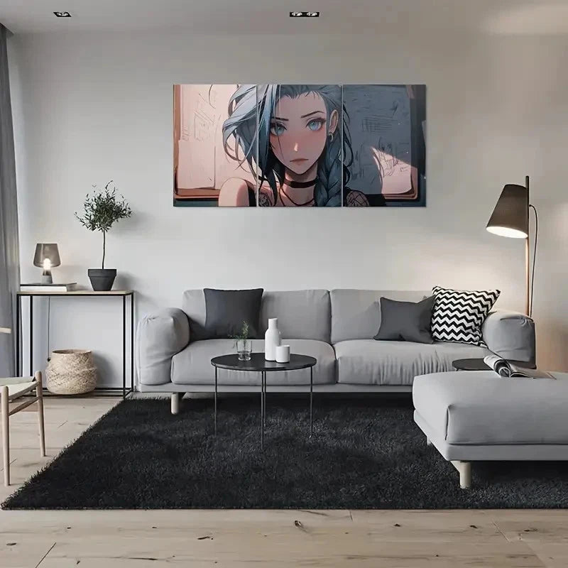 3pcs Anime Girl Blue Hair Tattooed Woman Metal Print Ready to Hang Art - Bella Home Decor