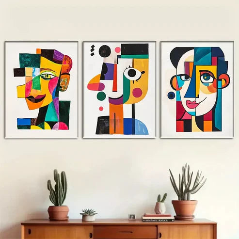 3pcs Vibrant Cubist-Style Face Triptych Wall Art Set Wall Art Canvas Unframed - High Quality Print 100% Australian Made Wall Canvas