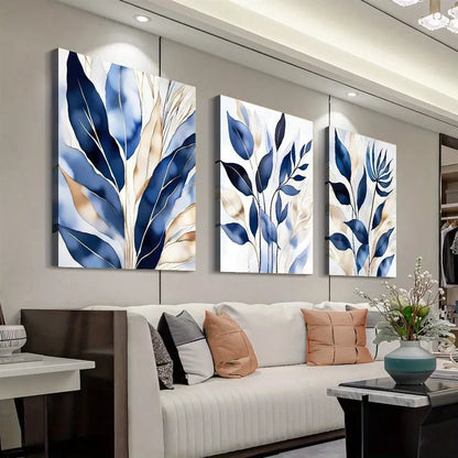 3pcs Botanical Abstract Elegant Blue Leaves Wall Art Set Canvas Framed 50x70cm - High Quality Print 100% Australian Made Wall Canvas Ready to Hang