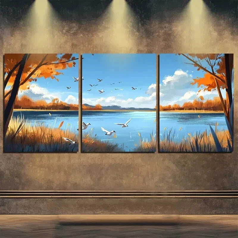 3pcs Peaceful Autumn Scenery Blue Sky Perfect Wall Art Set Canvas Framed 50x70cm - High Quality Print 100% Australian Made Wall Canvas Ready to Hang