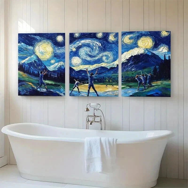 3pcs Baseball Starry Gogh Style Night Perfect Wall Art Set Canvas Framed 60x90cm - High Quality Print 100% Australian Made Wall Canvas Ready to Hang - Bella Home Decor
