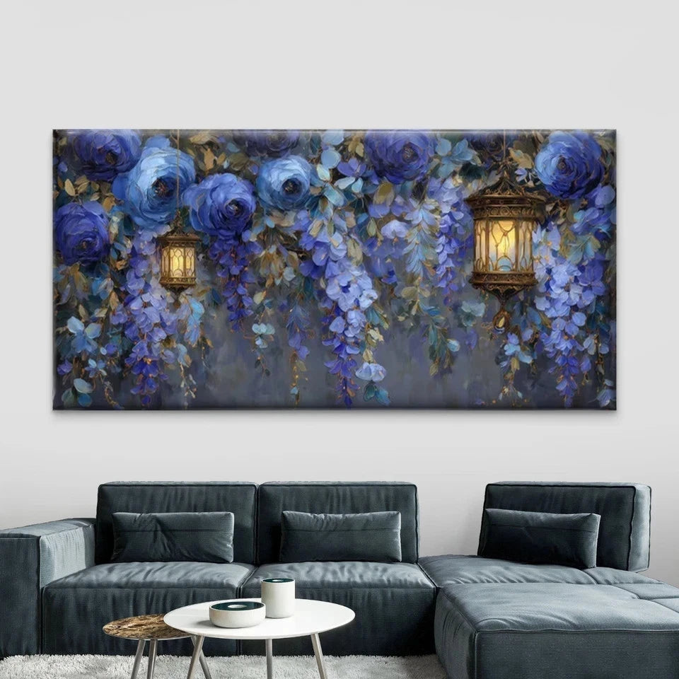 Blue Wisteria Flower Lantern Wall Art Canvas Office Home Room Framed 120x60cm
