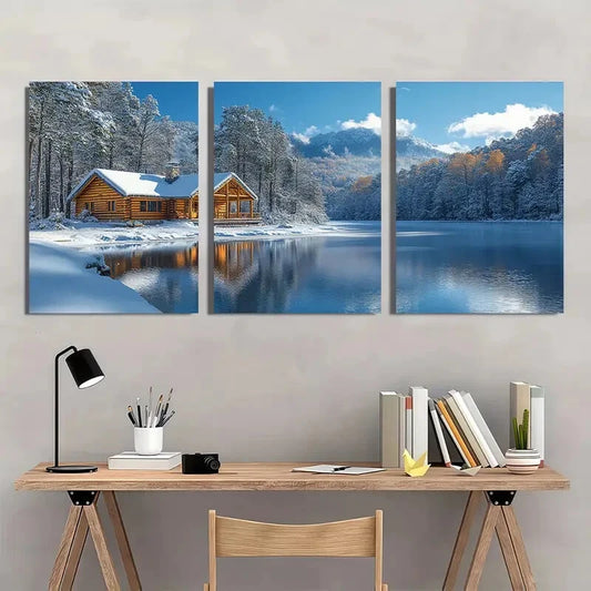 3pcs Rustic Christmas Cabin Winter Scene aWall Art Set Canvas Framed 40x60cm - High Quality Print 100% Australian Made Wall Canvas Ready to Hang