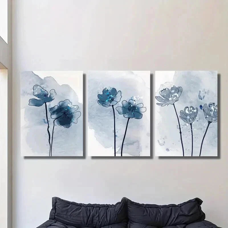 3pcs Botanical Blue Flower Decorations Wall Art Set Canvas Framed 60x90cm - High Quality Print 100% Australian Made Wall Canvas Ready to Hang