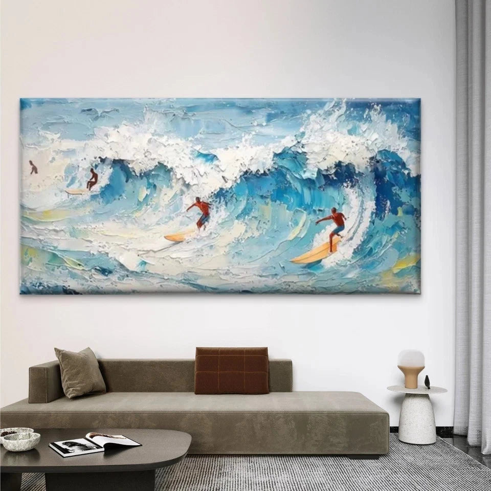 Surfers Riding Ocean Waves Wall Art Canvas Office Home Room Framed 120x60cm