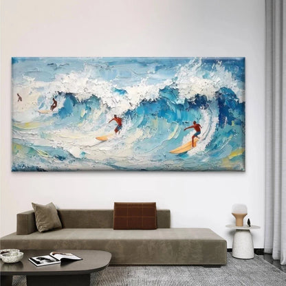Surfers Riding Ocean Waves Wall Art Canvas Office Home Room Framed 120x60cm