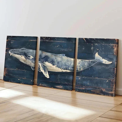 3pcs Abstract Blue Whale & Ocean Life Wall Art Set Canvas Framed 50x70cm - High Quality Print 100% Australian Made Wall Canvas Ready to Hang - Bella Home Decor