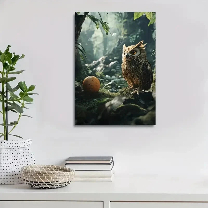 Enchanting Owl And Ball Jungle Scene Painting 40x60cm Metal Print Ready to Hang - Bella Home Decor