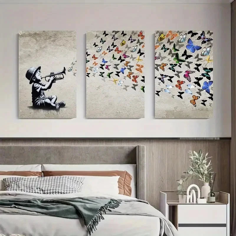 3pcs Musical Notes and Colorful Butterflies  Wall Art Canvas  Framed 60x90cm - High Quality Print 100% Australian Made Wall Canvas Ready to Hang