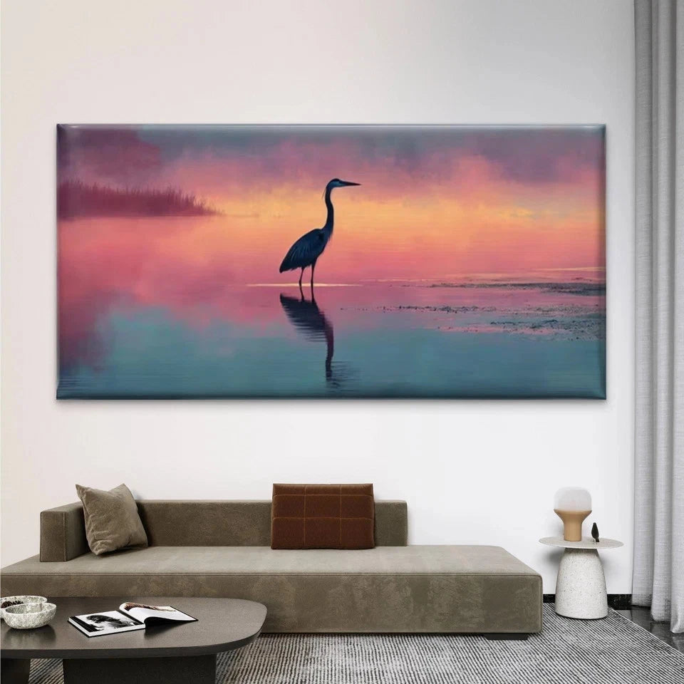 Sunset Lake Heron Reflection Wall Art Canvas Office Home Room Framed 120x60cm