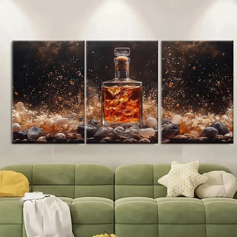 3pcs Whisky Bottle Rocks Bar Photography ei  Wall Art Set Canvas Framed 50x70cm - High Quality Print 100% Australian Made Wall Canvas Ready to Hang - Bella Home Decor