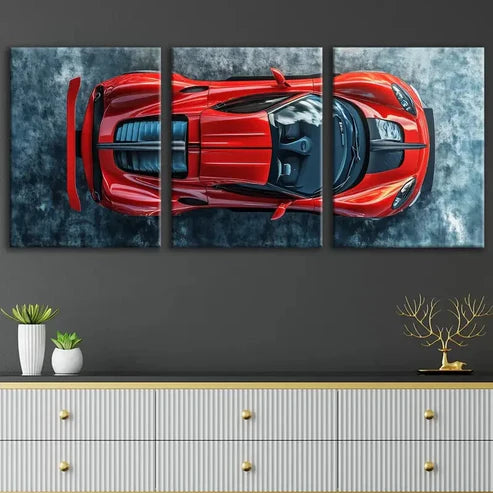 3pcs Vintage Red Cool Sports Cars Blue & White Wall Art Set Canvas Unframed - High Quality Print 100% Australian Made Wall Canvas