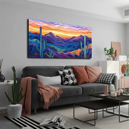 Desert Sunset Cacti & Mountains Wall Art Canvas Office Home Room Framed 120x60cm - Bella Home Decor