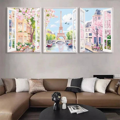 3pcs Blooming Streets with Eiffel Tower Perfect  Wall Art Set Canvas Unframed - High Quality Print 100% Australian Made Wall Canvas - Bella Home Decor