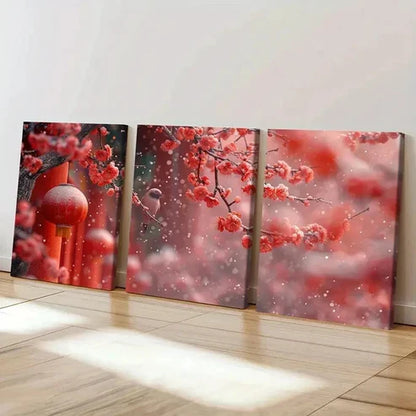 3pcs Red Festive Plum Blossoms Chinese Wall Art Set Canvas Unframed - High Quality Print 100% Australian Made Wall Canvas