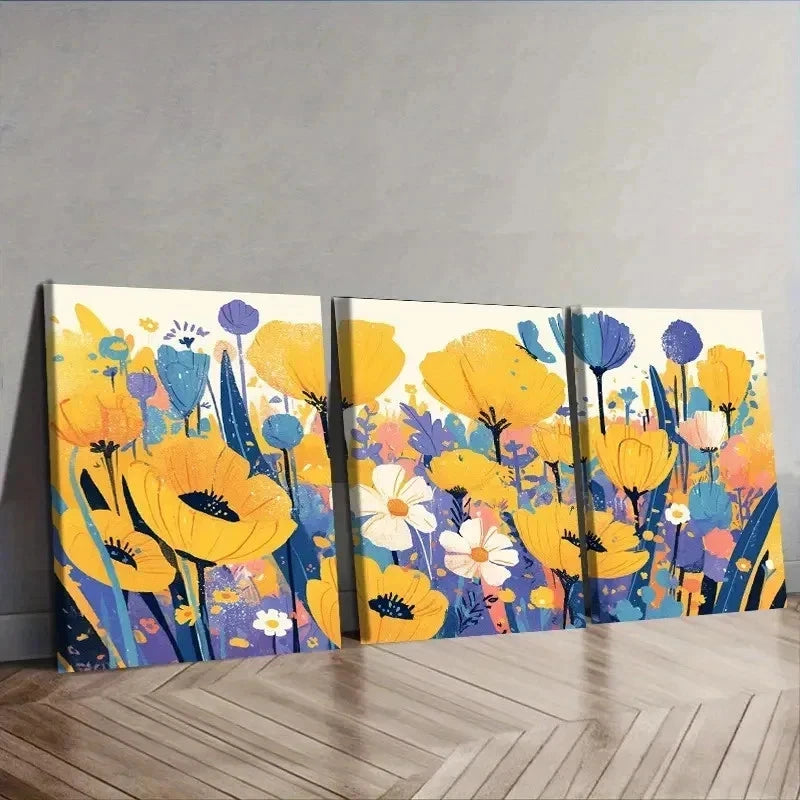 3pcs Yellow & White Flowers in clusters Wall Art Set Canvas Framed 40x60cm - High Quality Print 100% Australian Made Wall Canvas Ready to Hang