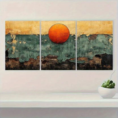 3pcs Orange and Green Abstract Neutral Metal Print Ready to Hang Art - Bella Home Decor