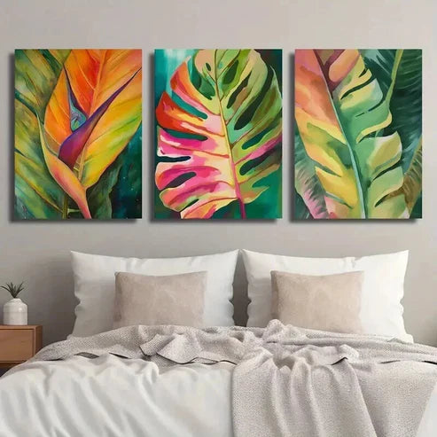 3pcs Colorful Monstera & Palm Leaf Designs Wall Art Canvas Unframed - High Quality Print 100% Australian Made Wall Canvas - Bella Home Decor