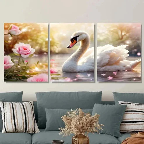 3pcs Pink Roses Waterfront Scene with Blooming Wall Art Canvas Unframed - High Quality Print 100% Australian Made Wall Canvas