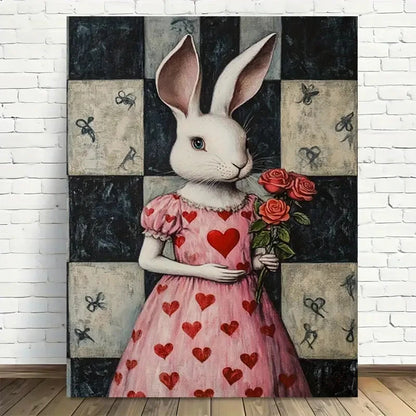 Beautiful Whimsical Rabbit with Red Roses Painting 40x60cm Metal Print Ready to Hang - Bella Home Decor