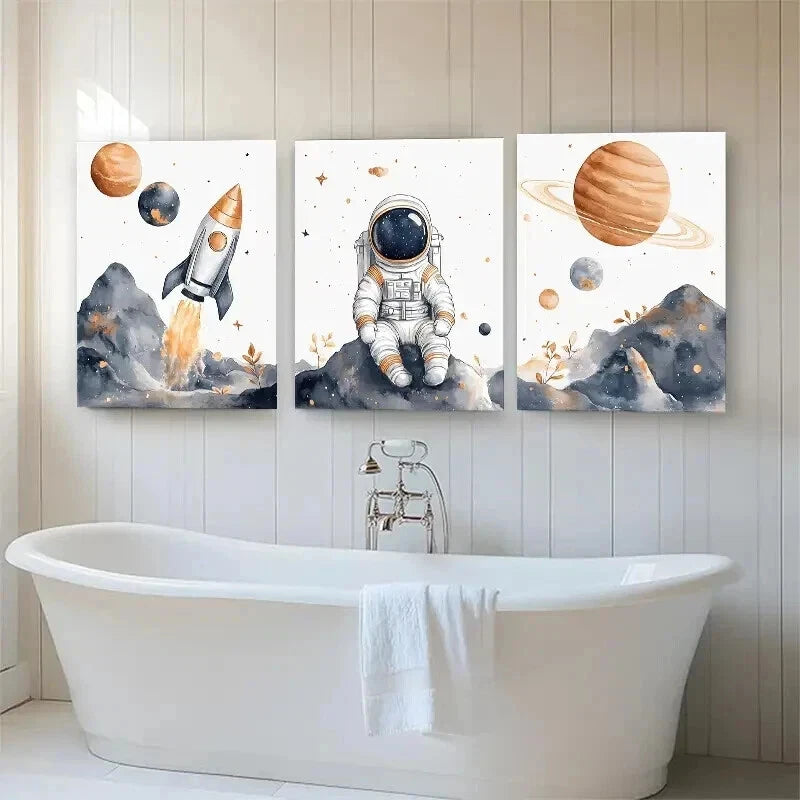 3pcs Astronaut Space Whimsical Space Perfect Wall Art Set Canvas Framed 50x70cm - High Quality Print 100% Australian Made Wall Canvas Ready to Hang