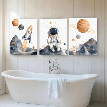 3pcs Astronaut Space Whimsical Space Perfect Wall Art Set Canvas Framed 50x70cm - High Quality Print 100% Australian Made Wall Canvas Ready to Hang