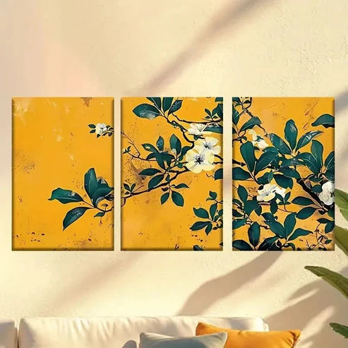 3pcs Painting of Flowers on a Yellow Abstract Wall Art Canvas Unframed – High Quality Print 100% Australian Made Wall Canvas