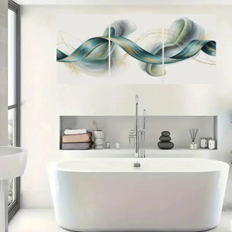 3pcs Teal Ribbon, Golden Accents Wall Art Set Canvas Framed 50x70cm - High Quality Print 100% Australian Made Wall Canvas Ready to Hang