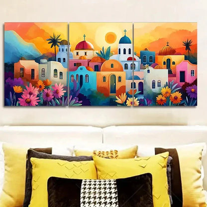 3pcs Greek Island Style Town Wall Art Set Canvas Unframed - High Quality Print 100% Australian Made Wall Canvas