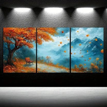 3pcs A Bench Under Autumn Leaves Mountain Metal Print Ready to Hang Art - Bella Home Decor