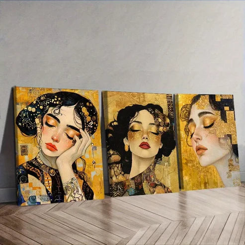 3 PCS Beautiful Woman In Yellow Background Wall Art Set Canvas Unframed - High Quality Print 100% Australian Made Wall Canvas