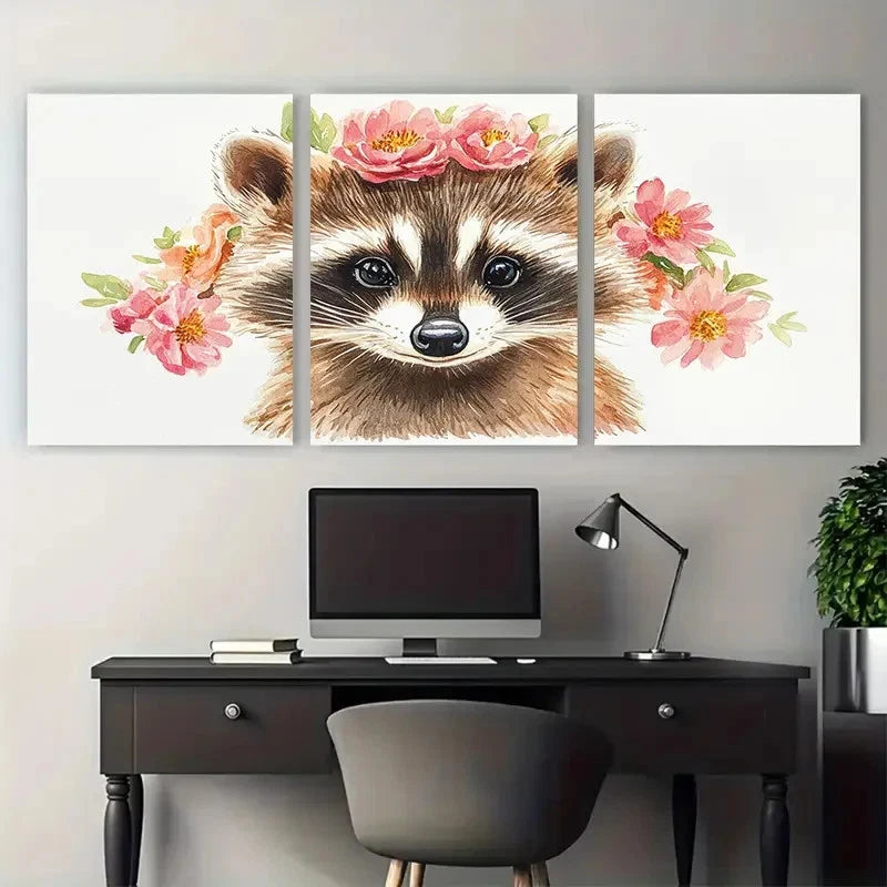 3pcs Adorable Raccoon Watercolor Print   Wall Art Set Canvas Framed 40x60cm - High Quality Print 100% Australian Made Wall Canvas Ready to Hang - Bella Home Decor