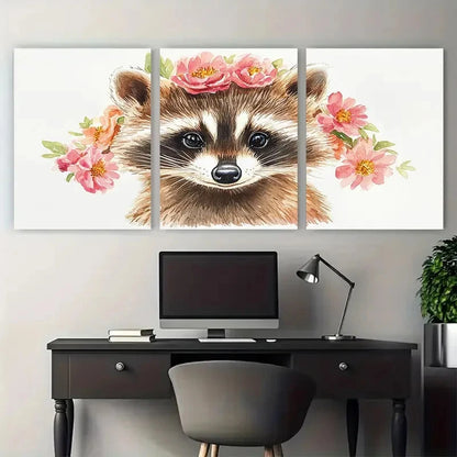 3pcs Adorable Raccoon Watercolor Print   Wall Art Set Canvas Framed 40x60cm - High Quality Print 100% Australian Made Wall Canvas Ready to Hang - Bella Home Decor