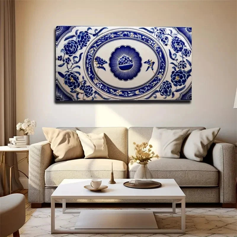 Chinese Blue And White Wall Art Canvas Office Home Room Framed 120x60cm