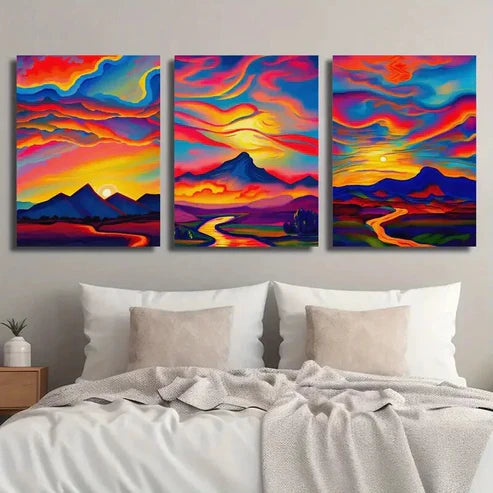 3pcs Colorful Sunset Landscape Painting  Wall Art Set Canvas Unframed - High Quality Print 100% Australian Made Wall Canvas - Bella Home Decor