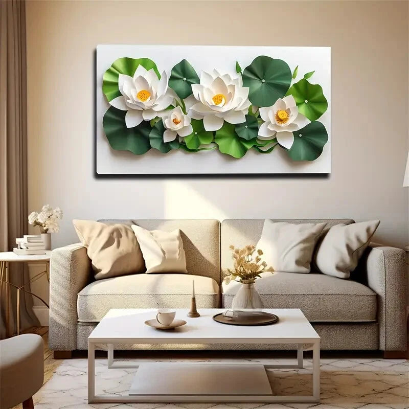 White for Lotus & Green Leaves Wall Art Canvas Office Home Room Framed 120x60cm - Bella Home Decor